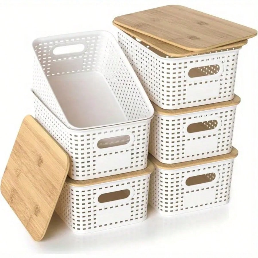 Desktop Organizer Bamboo - 6 صناديق تخزين قابلة للتكديس مع